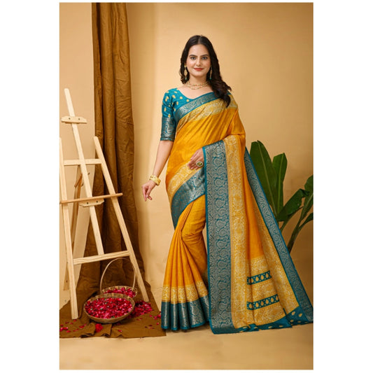 Amfyn Women's Soft Dola Cotton Kalamkari Printed Saree With Unstitched Blouse 5.5Mtr (Yellow)