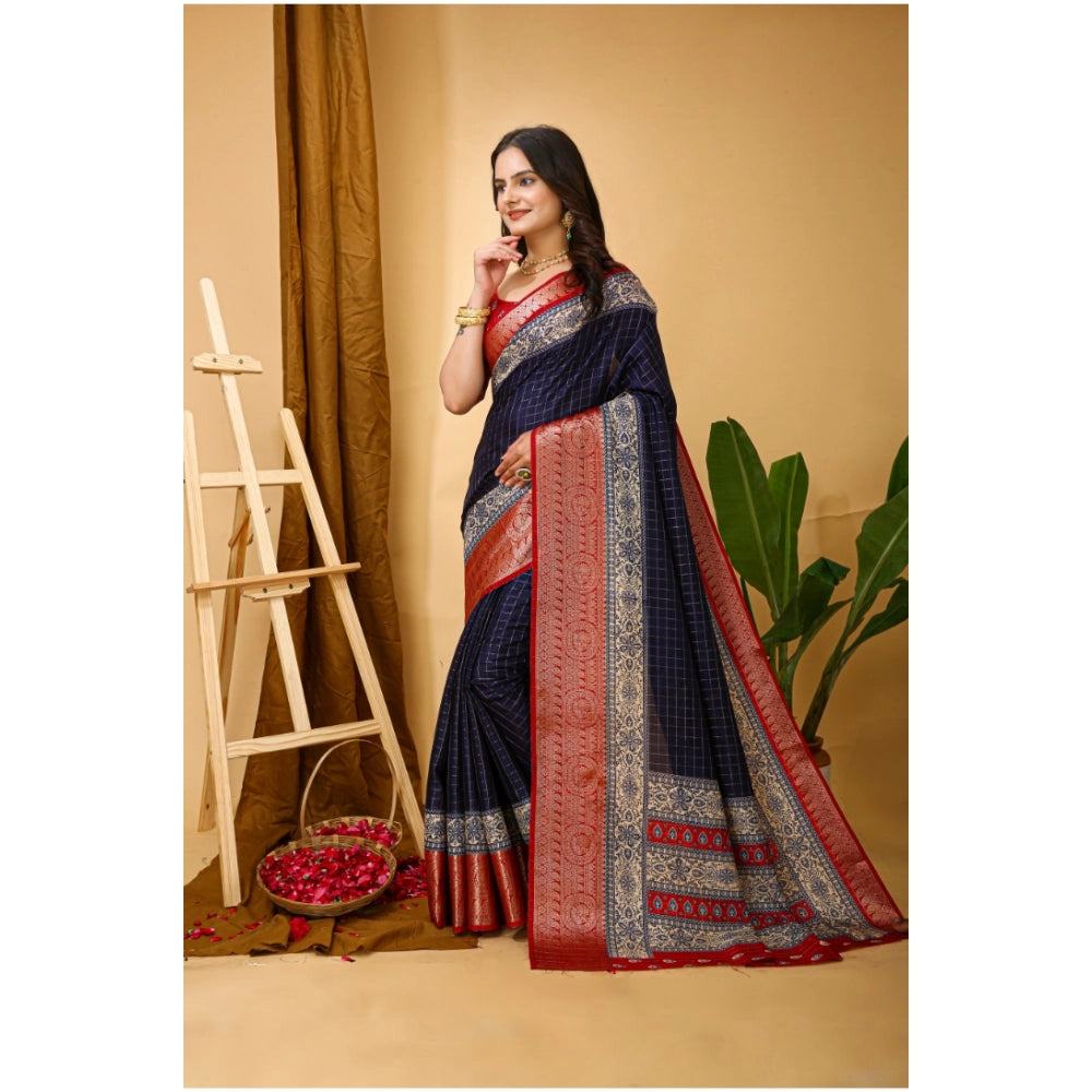 Amfyn Women's Soft Dola Cotton Kalamkari Printed Saree With Unstitched Blouse 5.5Mtr (Navy Blue)