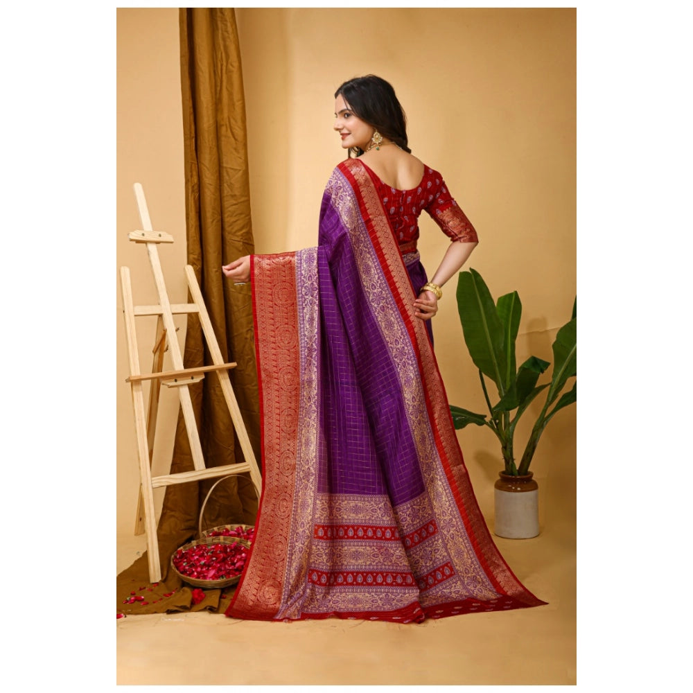 Amfyn Women's Soft Dola Cotton Kalamkari Printed Saree With Unstitched Blouse 5.5Mtr (Purple)