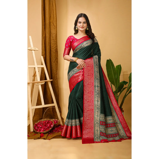Amfyn Women's Soft Dola Cotton Kalamkari Printed Saree With Unstitched Blouse 5.5Mtr (B.Green)