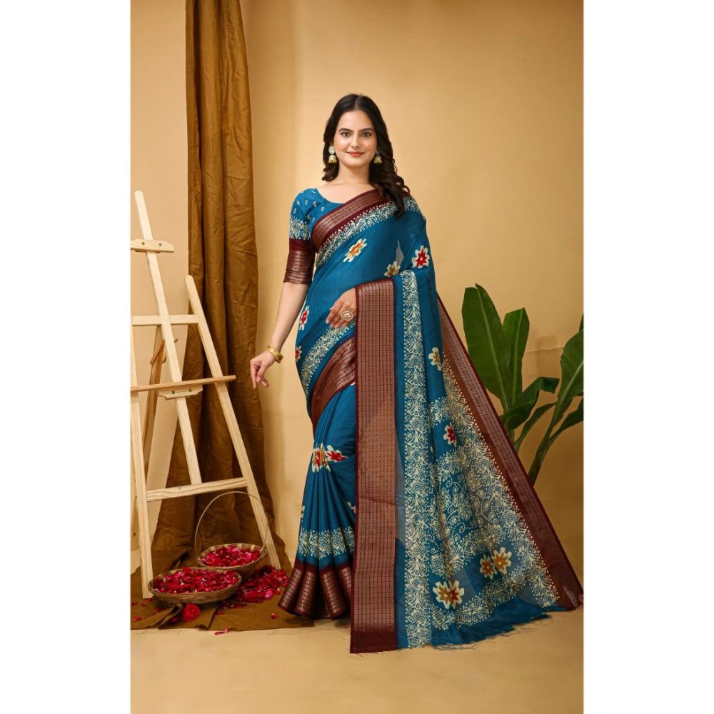 Amfyn Women's Soft Blooming Marshmallow Fabric Kalamkari Printed Saree With Unstitched Blouse 5.5Mtr (Blue)