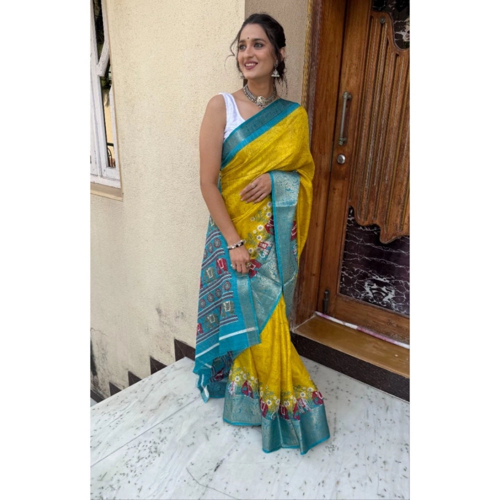 Amfyn Women's Soft Dola Cotton Kalamkari Printed Saree With Unstitched Blouse 5.5Mtr (Mustard)