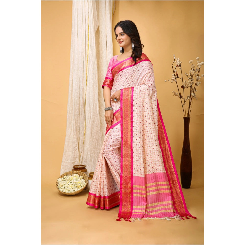 Amfyn Women's Soft Cotton Silk Printed Saree With Unstitched Blouse 5.5Mtr (Pink)