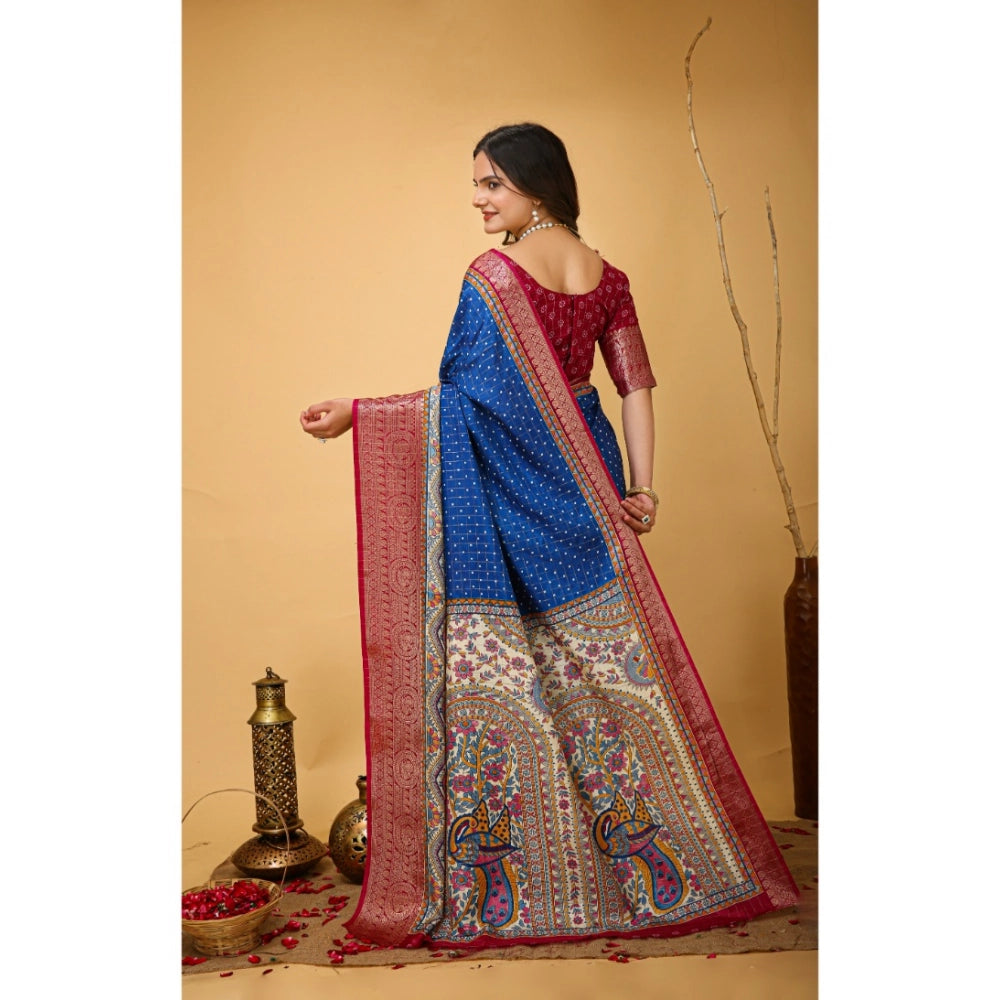 Amfyn Women's Soft Dola Cotton Kalamkari Printed Saree With Unstitched Blouse 5.5Mtr (Blue)