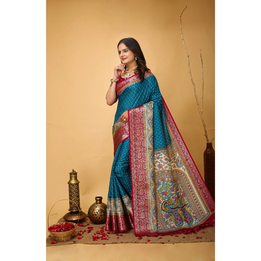 Amfyn Women's Soft Dola Cotton Kalamkari Printed Saree With Unstitched Blouse 5.5Mtr (Sky Blue)