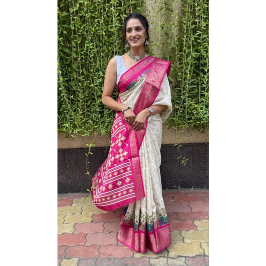 Amfyn Women's Soft Dola Cotton Kalamkari Printed Saree With Unstitched Blouse 5.5Mtr (White)