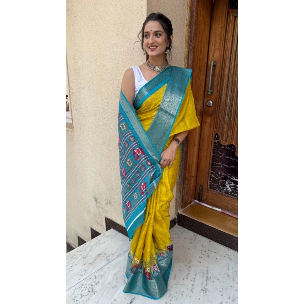 Amfyn Women's Soft Dola Cotton Kalamkari Printed Saree With Unstitched Blouse 5.5Mtr (Mustard)