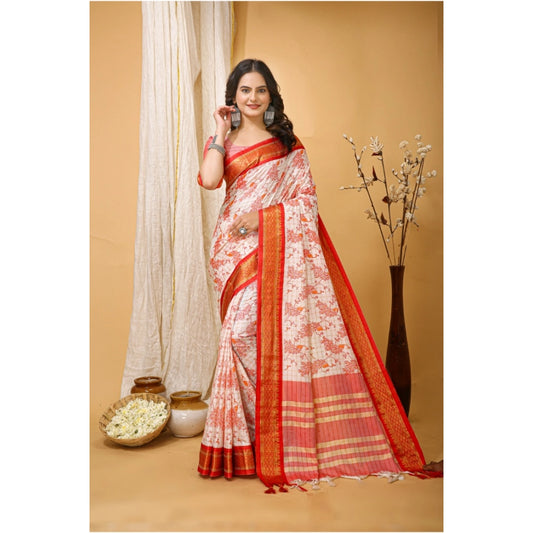 Amfyn Women's Soft Cotton Silk Printed Saree With Unstitched Blouse 5.5Mtr (Red)