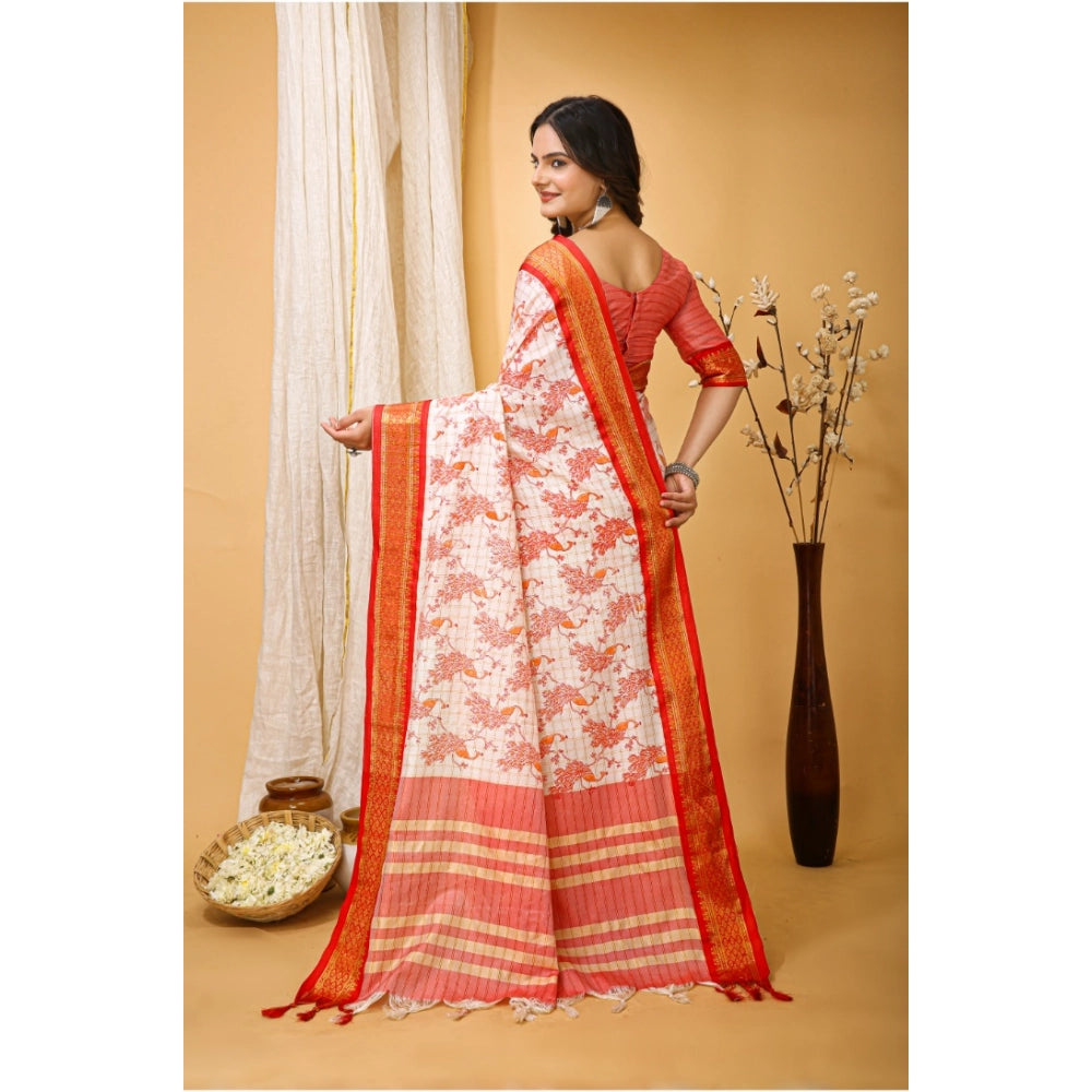 Amfyn Women's Soft Cotton Silk Printed Saree With Unstitched Blouse 5.5Mtr (Red)