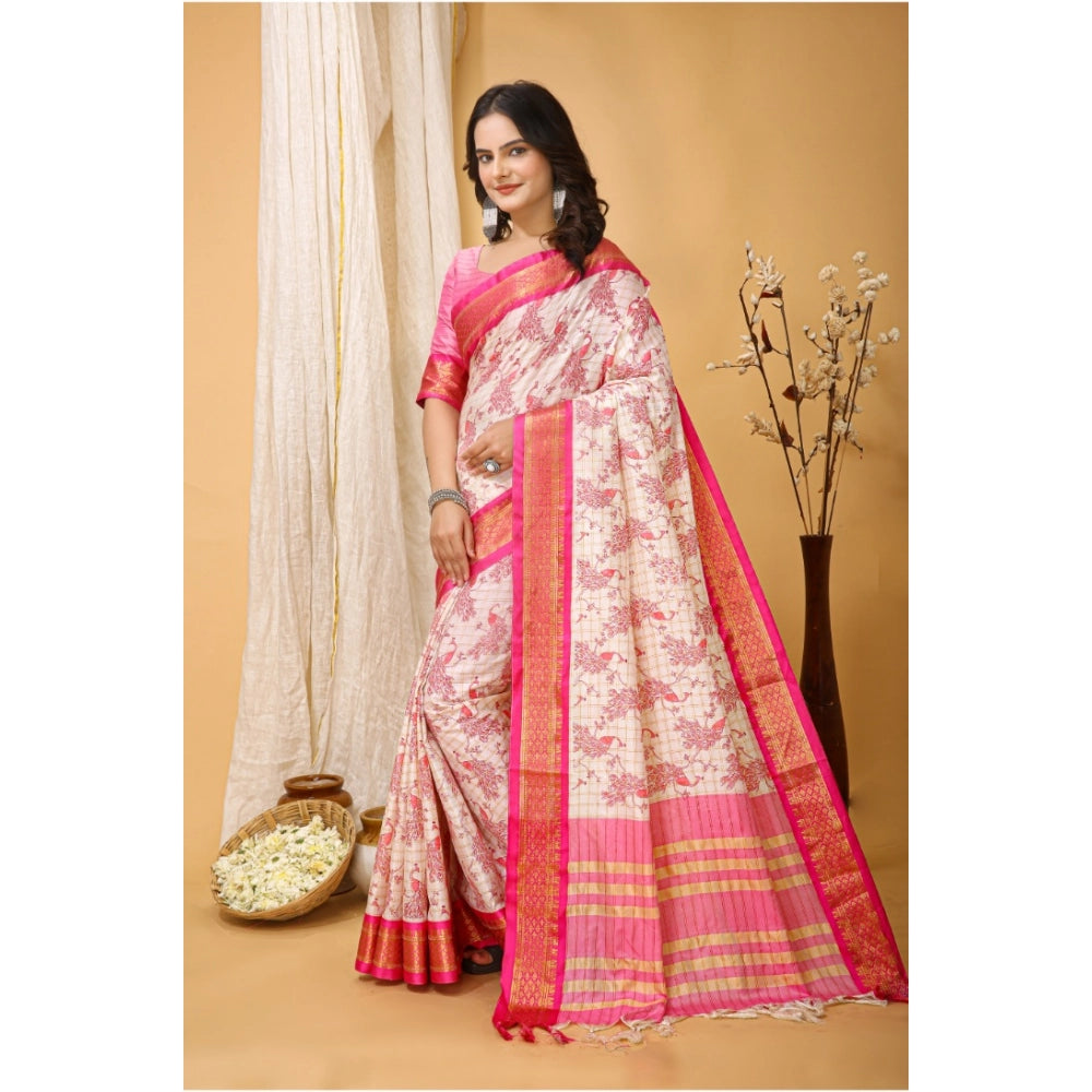 Amfyn Women's Soft Cotton Silk Printed Saree With Unstitched Blouse 5.5Mtr (Pink)