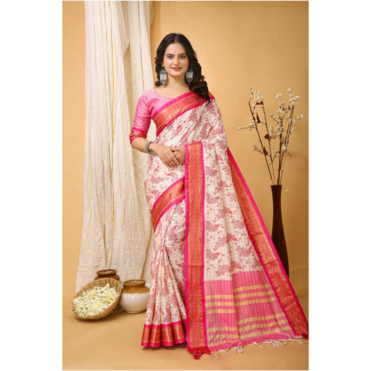 Amfyn Women's Soft Cotton Silk Printed Saree With Unstitched Blouse 5.5Mtr (Pink)