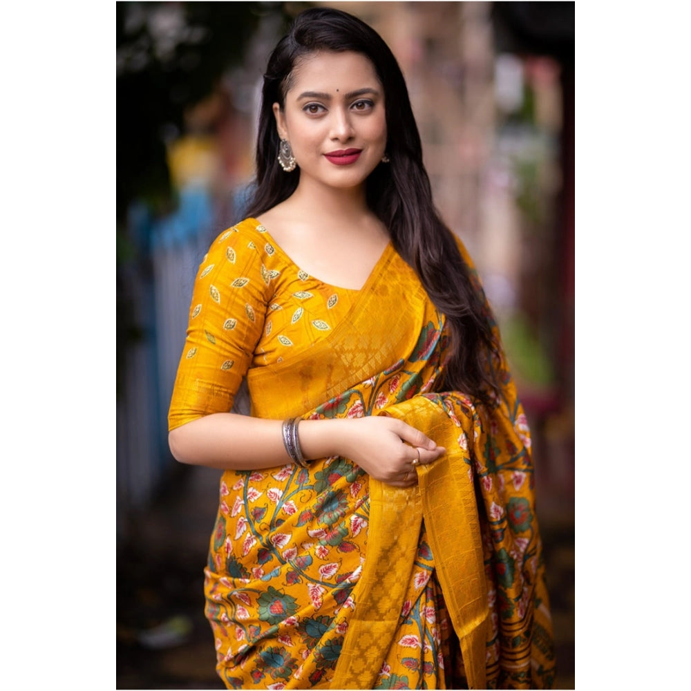 Amfyn Women's Soft Dola Cotton Kalamkari Printed Saree With Unstitched Blouse 5.5Mtr (Yellow)