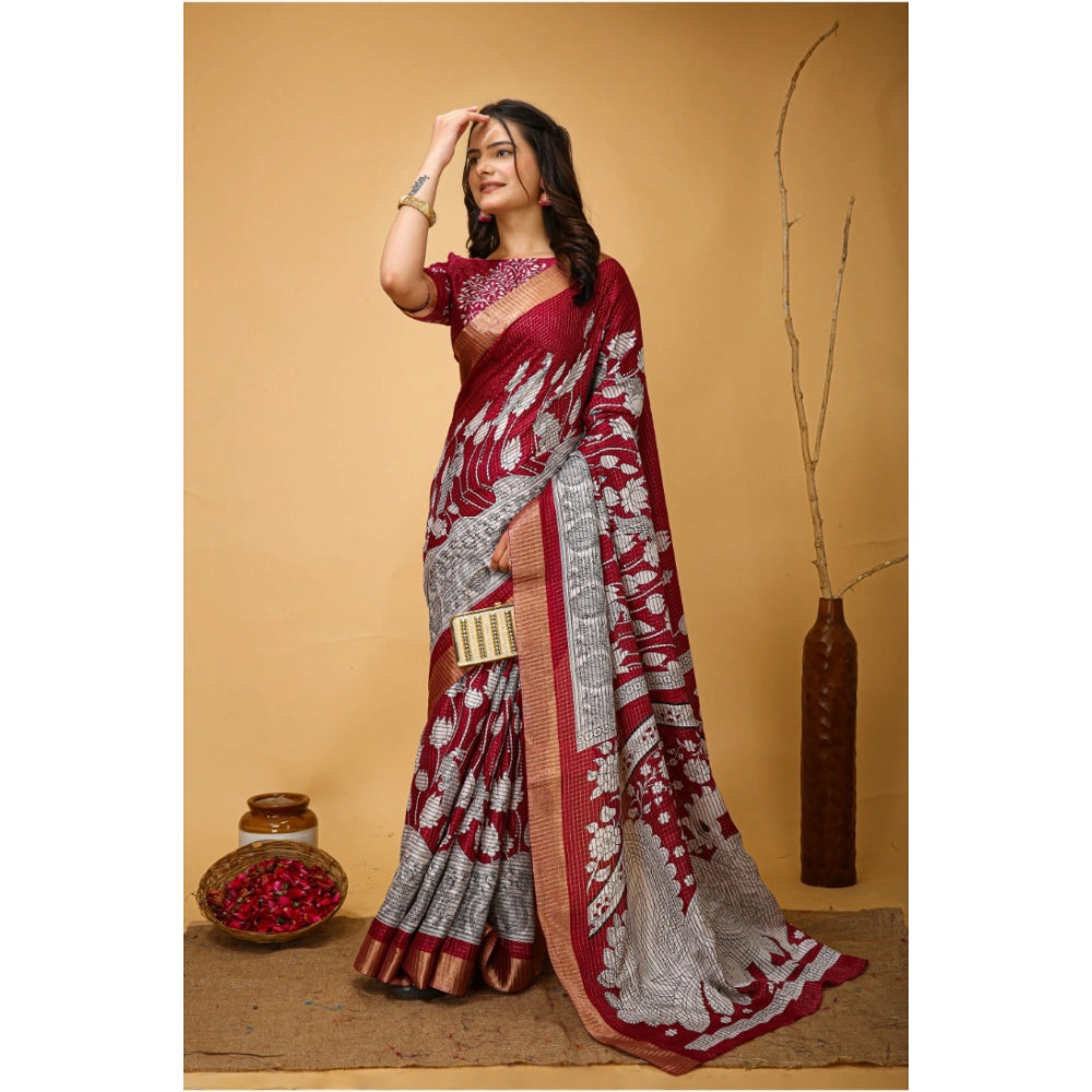 Amfyn Women's Soft Handloom Cotton Kalamkari Printed Saree With Unstitched Blouse 5.5Mtr (Maroon)