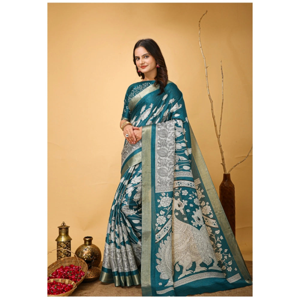 Amfyn Women's Soft Handloom Cotton Kalamkari Printed Saree With Unstitched Blouse 5.5Mtr (Turquoise)