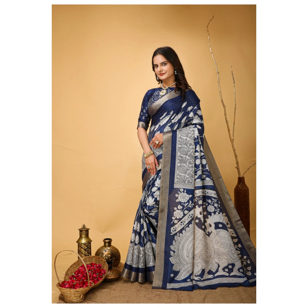 Amfyn Women's Soft Handloom Cotton Kalamkari Printed Saree With Unstitched Blouse 5.5Mtr (Blue)