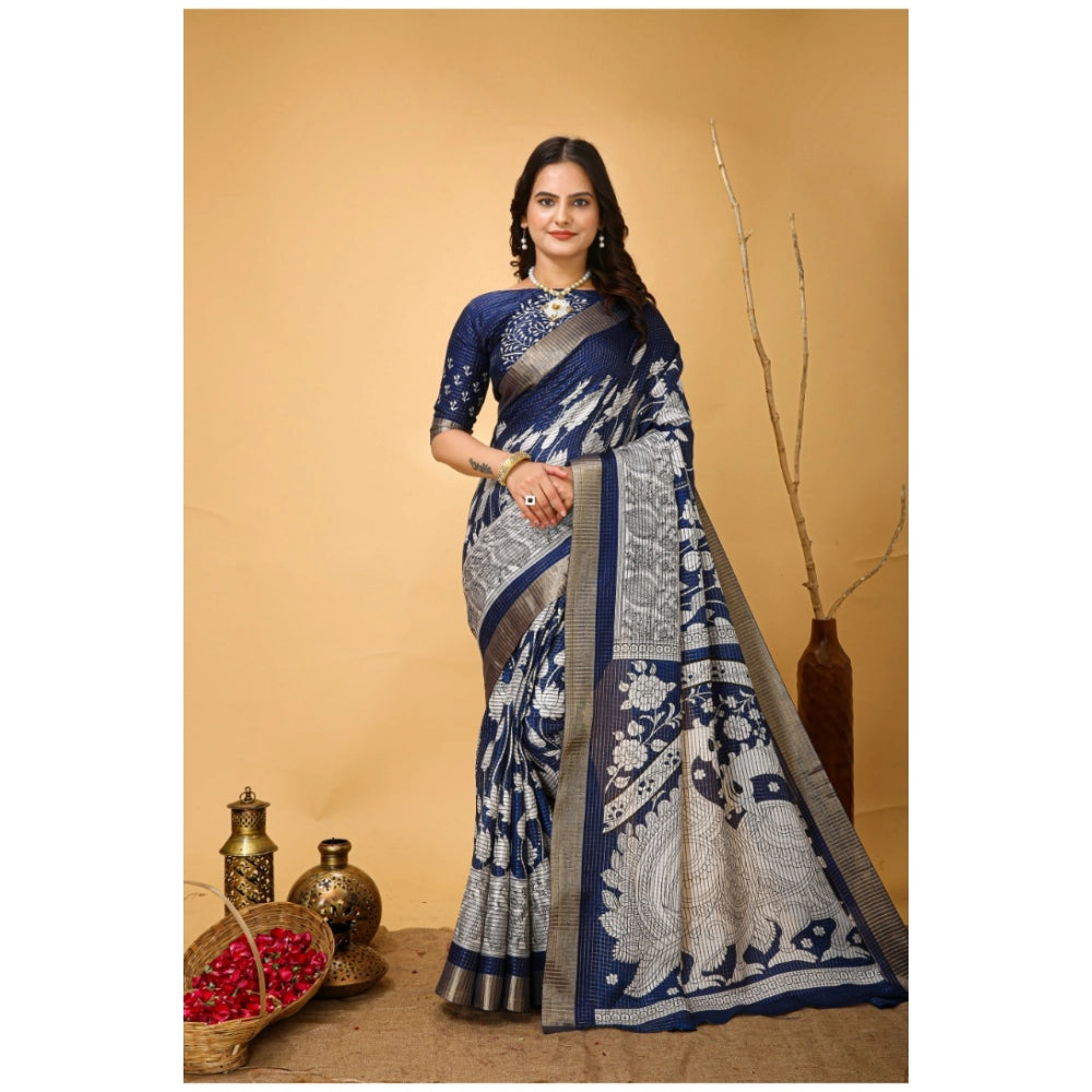 Amfyn Women's Soft Handloom Cotton Kalamkari Printed Saree With Unstitched Blouse 5.5Mtr (Blue)
