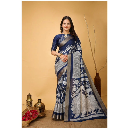 Amfyn Women's Soft Handloom Cotton Kalamkari Printed Saree With Unstitched Blouse 5.5Mtr (Blue)