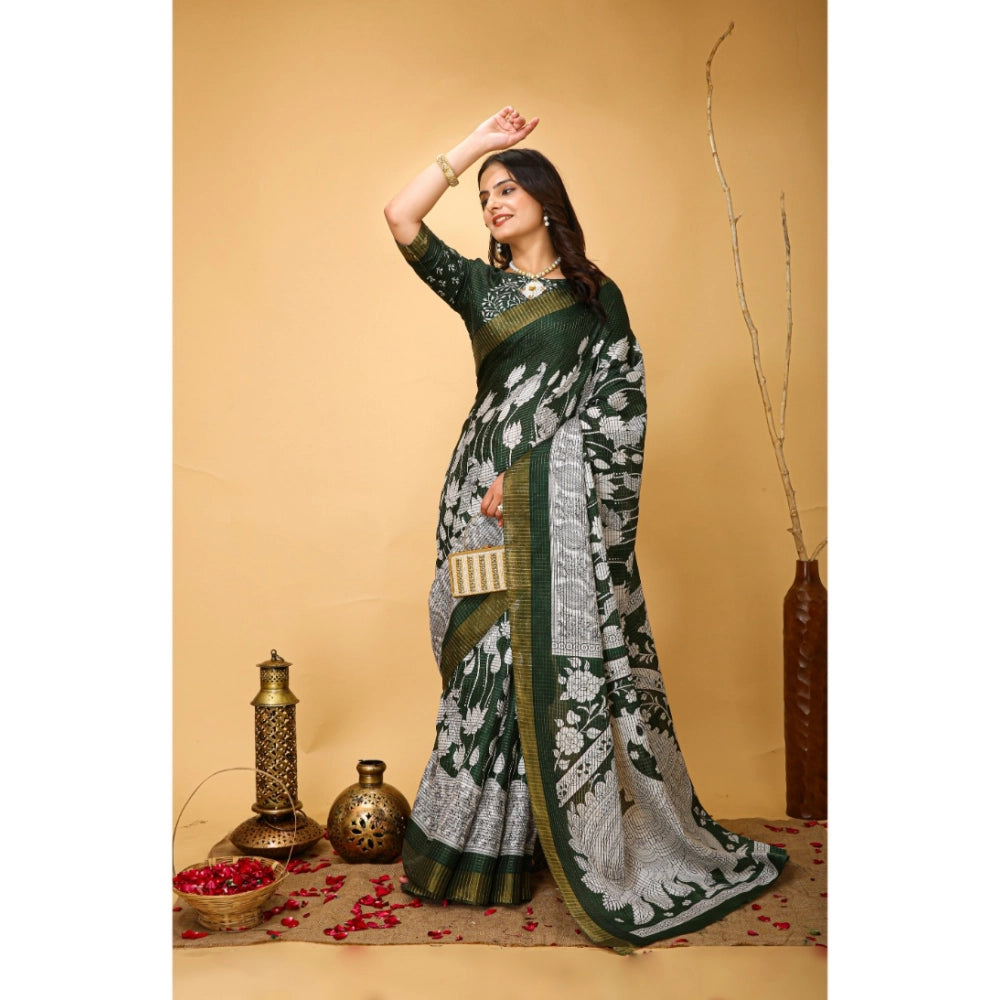 Amfyn Women's Soft Handloom Cotton Kalamkari Printed Saree With Unstitched Blouse 5.5Mtr (Green)