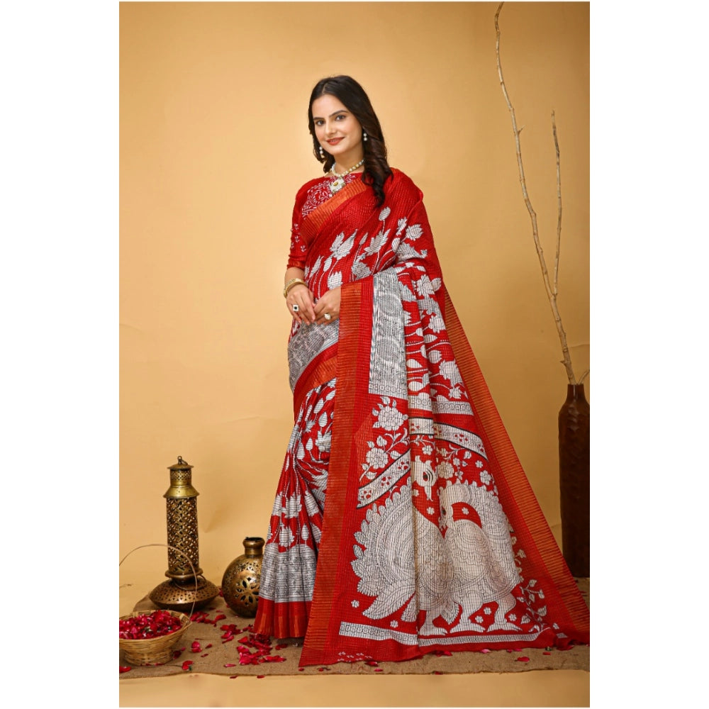 Amfyn Women's Soft Handloom Cotton Kalamkari Printed Saree With Unstitched Blouse 5.5Mtr (Red)