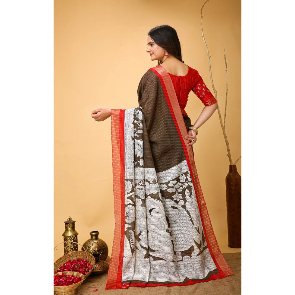 Amfyn Women's Soft Handloom Cotton Kalamkari Printed Saree With Unstitched Blouse 5.5Mtr (Brown)