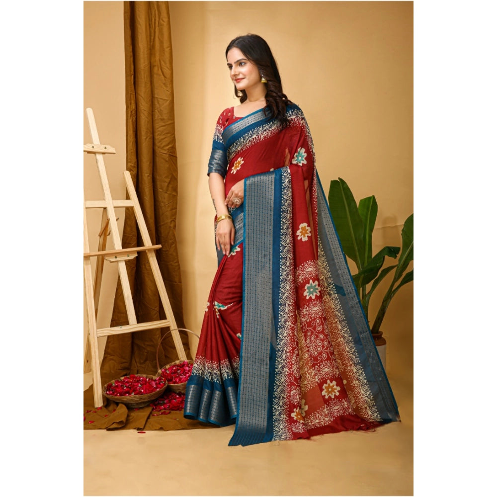 Amfyn Women's Soft Blooming Marshmallow Fabric Kalamkari Printed Saree With Unstitched Blouse 5.5Mtr (Red)