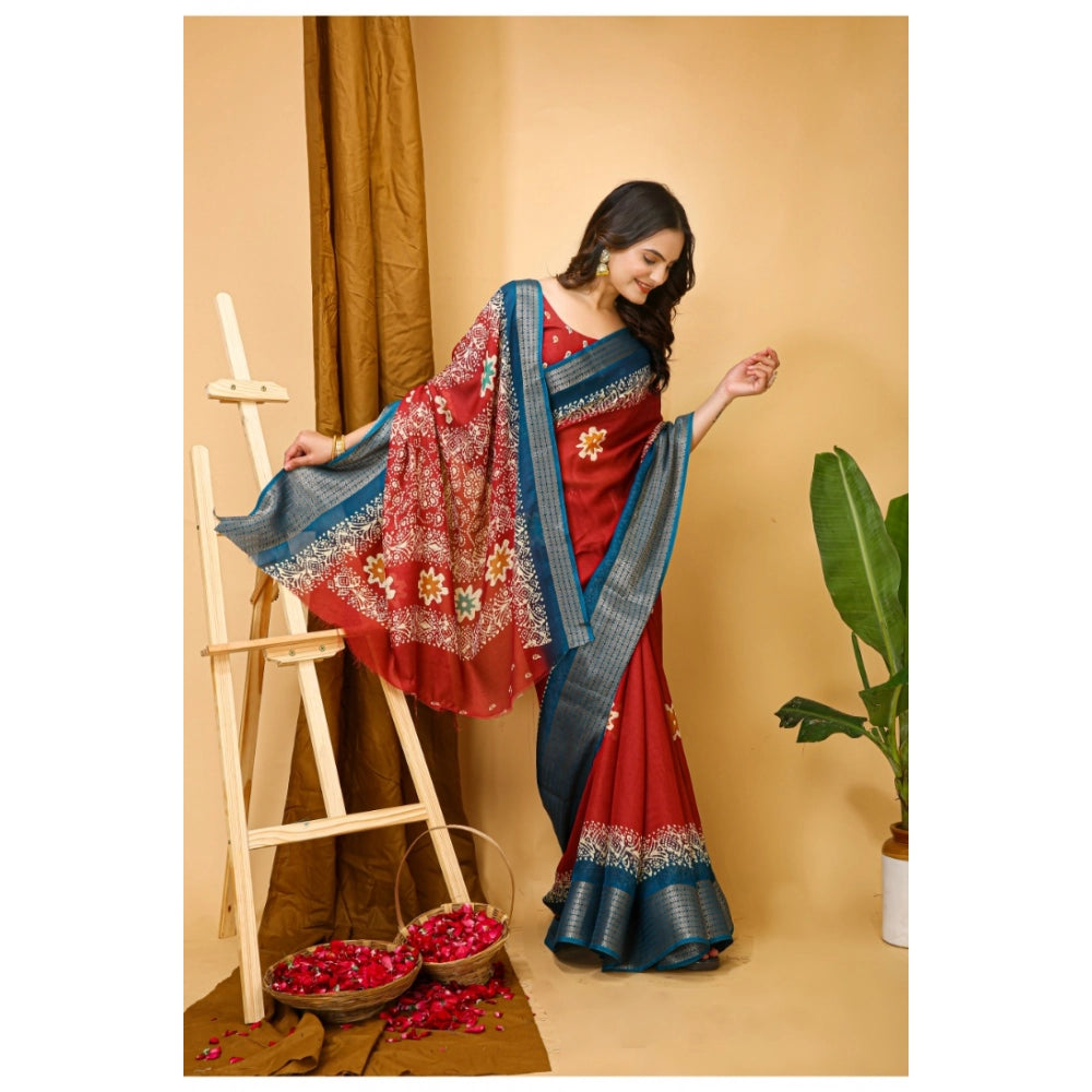 Amfyn Women's Soft Blooming Marshmallow Fabric Kalamkari Printed Saree With Unstitched Blouse 5.5Mtr (Red)