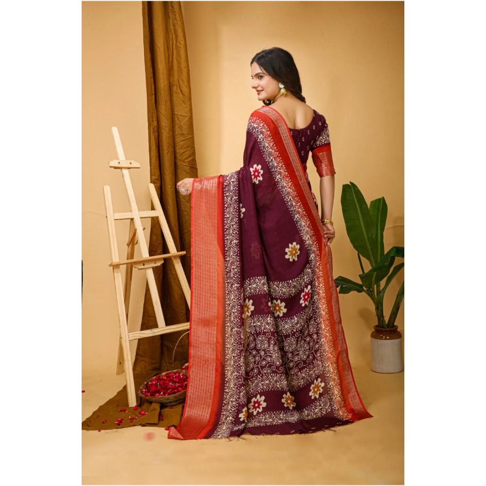 Amfyn Women's Soft Blooming Marshmallow Fabric Kalamkari Printed Saree With Unstitched Blouse 5.5Mtr (Wine)