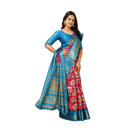 Amfyn Women's Soft Dola Cotton Kalamkari Printed Saree With Unstitched Blouse 5.5Mtr (Pink)