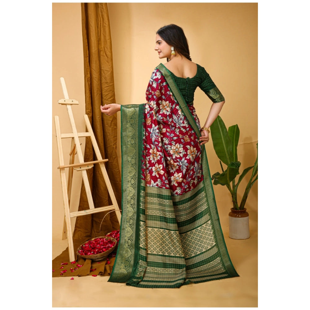 Amfyn Women's Soft Dola Cotton Kalamkari Printed Saree With Unstitched Blouse 5.5Mtr (Maroon)