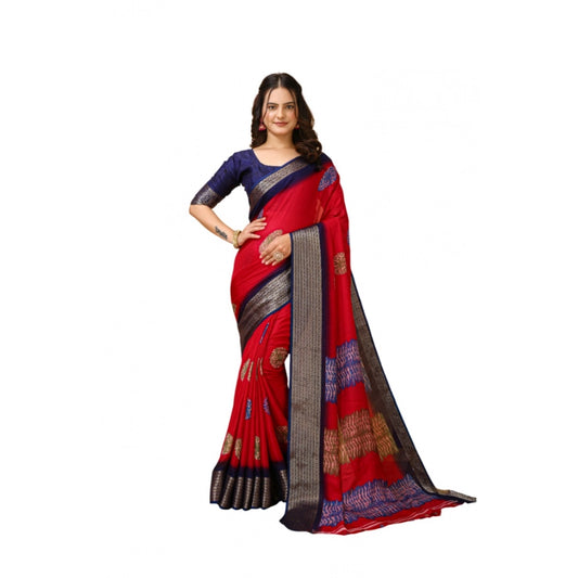 Amfyn Women's Soft Blooming Marshmallow Fabric Kalamkari Printed Saree With Unstitched Blouse 5.5Mtr (Red)