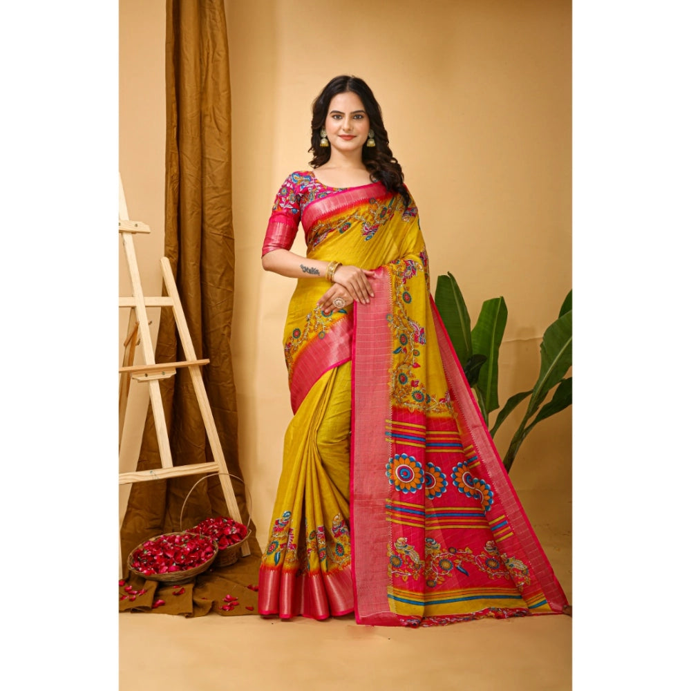 Amfyn Women's Soft Dola Cotton Kalamkari Printed Saree With Unstitched Blouse 5.5Mtr (Yellow)