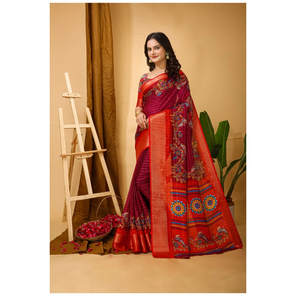 Amfyn Women's Soft Dola Cotton Kalamkari Printed Saree With Unstitched Blouse 5.5Mtr (Maroon)