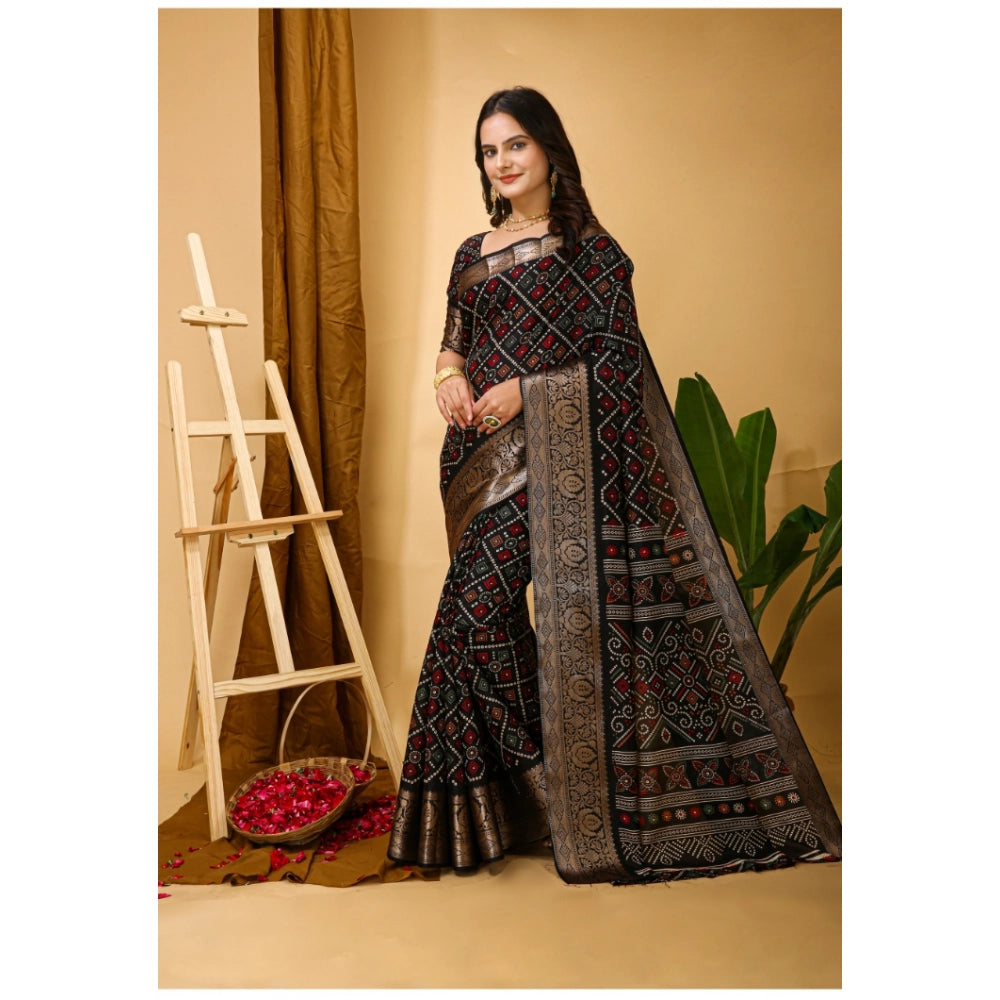 Amfyn Women's Soft Dola Cotton Kalamkari Printed Saree With Unstitched Blouse 5.5Mtr (Black)