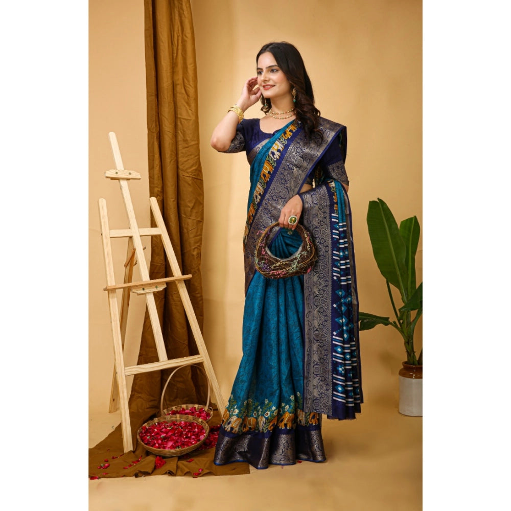 Amfyn Women's Soft Dola Cotton Kalamkari Printed Saree With Unstitched Blouse 5.5Mtr (Blue)