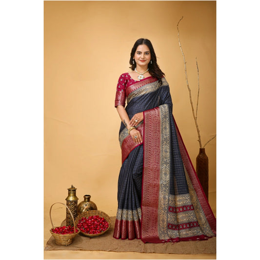 Amfyn Women's Soft Dola Cotton Kalamkari Printed Saree With Unstitched Blouse 5.5Mtr (Grey)