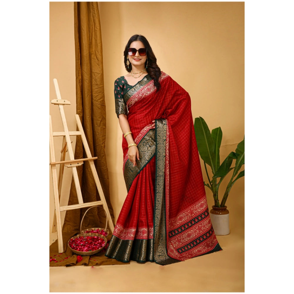 Amfyn Women's Soft Dola Cotton Kalamkari Printed Saree With Unstitched Blouse 5.5Mtr (Red)
