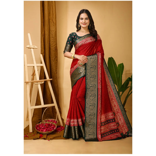 Amfyn Women's Soft Dola Cotton Kalamkari Printed Saree With Unstitched Blouse 5.5Mtr (Red)