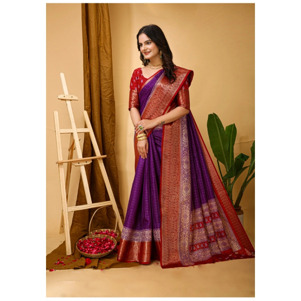 Amfyn Women's Soft Dola Cotton Kalamkari Printed Saree With Unstitched Blouse 5.5Mtr (Purple)