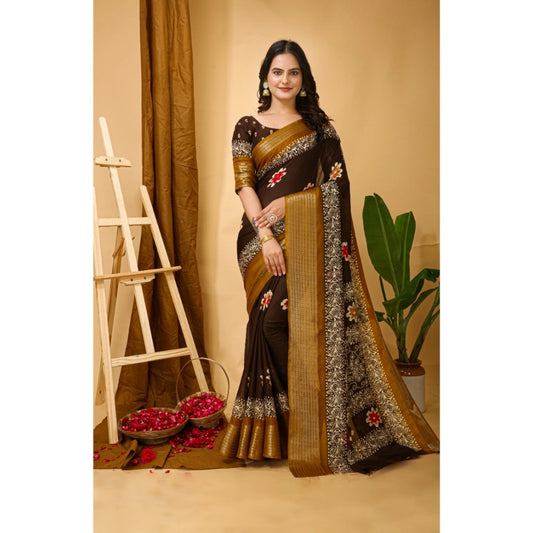 Amfyn Women's Soft Blooming Marshmallow Fabric Kalamkari Printed Saree With Unstitched Blouse 5.5Mtr (Brown)