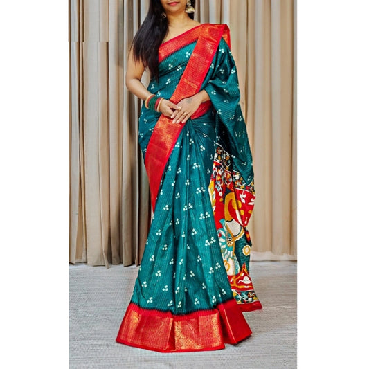 Amfyn Women's Soft Dola Cotton Kalamkari Printed Saree With Unstitched Blouse 5.5Mtr (Blue)