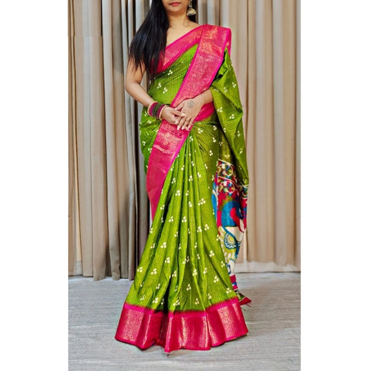 Amfyn Women's Soft Dola Cotton Kalamkari Printed Saree With Unstitched Blouse 5.5Mtr (Green)