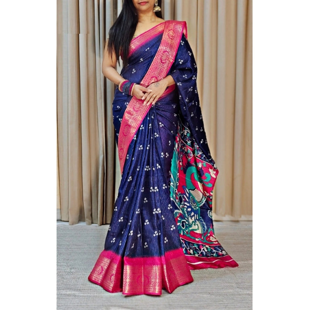 Amfyn Women's Soft Dola Cotton Kalamkari Printed Saree With Unstitched Blouse 5.5Mtr (Navy Blue)