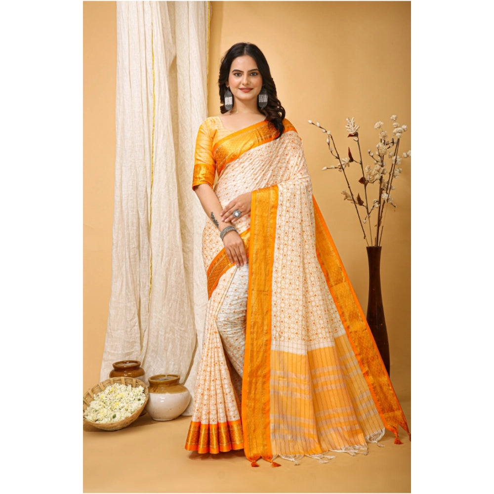 Amfyn Women's Soft Cotton Silk Printed Saree With Unstitched Blouse 5.5Mtr (Yellow)
