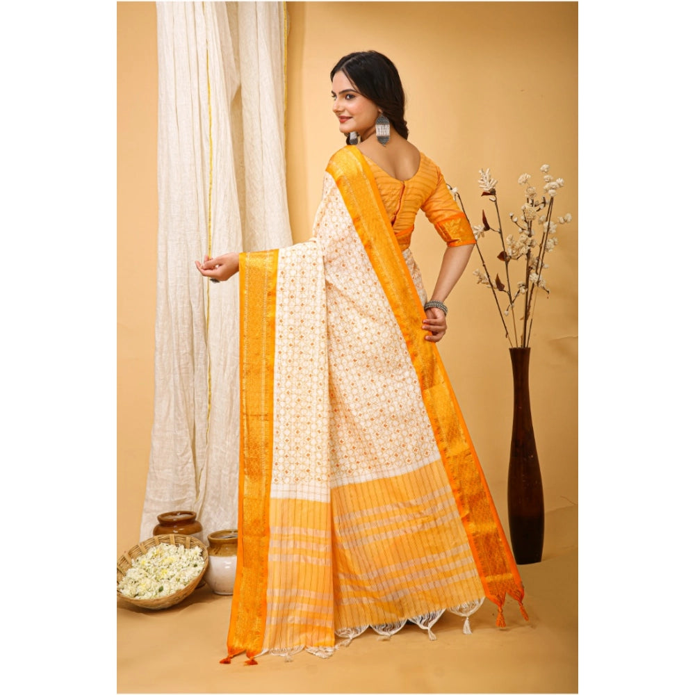 Amfyn Women's Soft Cotton Silk Printed Saree With Unstitched Blouse 5.5Mtr (Yellow)