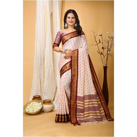 Amfyn Women's Soft Cotton Silk Printed Saree With Unstitched Blouse 5.5Mtr (Maroon)
