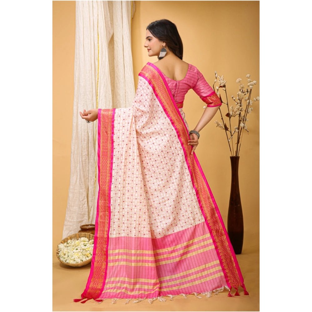 Amfyn Women's Soft Cotton Silk Printed Saree With Unstitched Blouse 5.5Mtr (Pink)