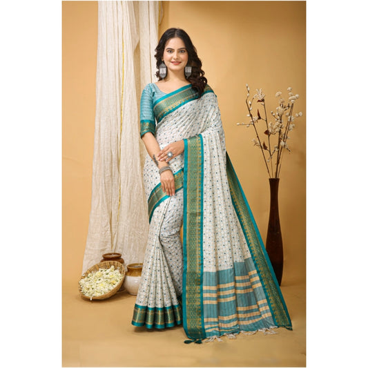 Amfyn Women's Soft Cotton Silk Printed Saree With Unstitched Blouse 5.5Mtr (Rama Green)