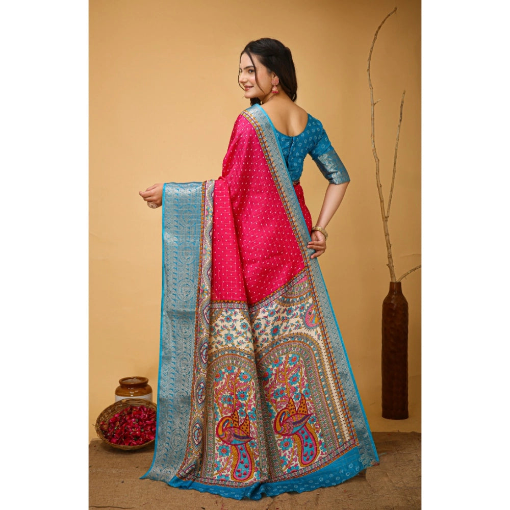 Amfyn Women's Soft Dola Cotton Kalamkari Printed Saree With Unstitched Blouse 5.5Mtr (Pink)