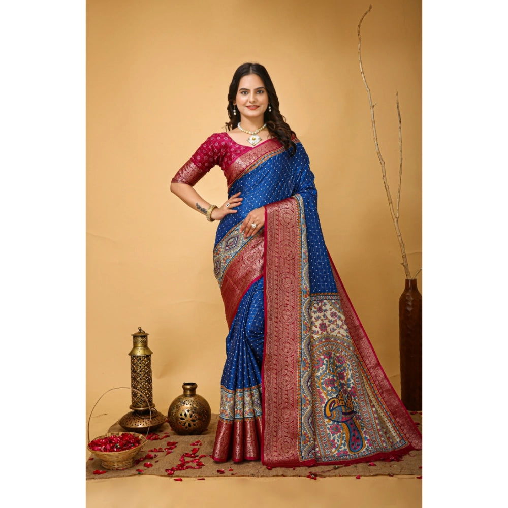 Amfyn Women's Soft Dola Cotton Kalamkari Printed Saree With Unstitched Blouse 5.5Mtr (Blue)