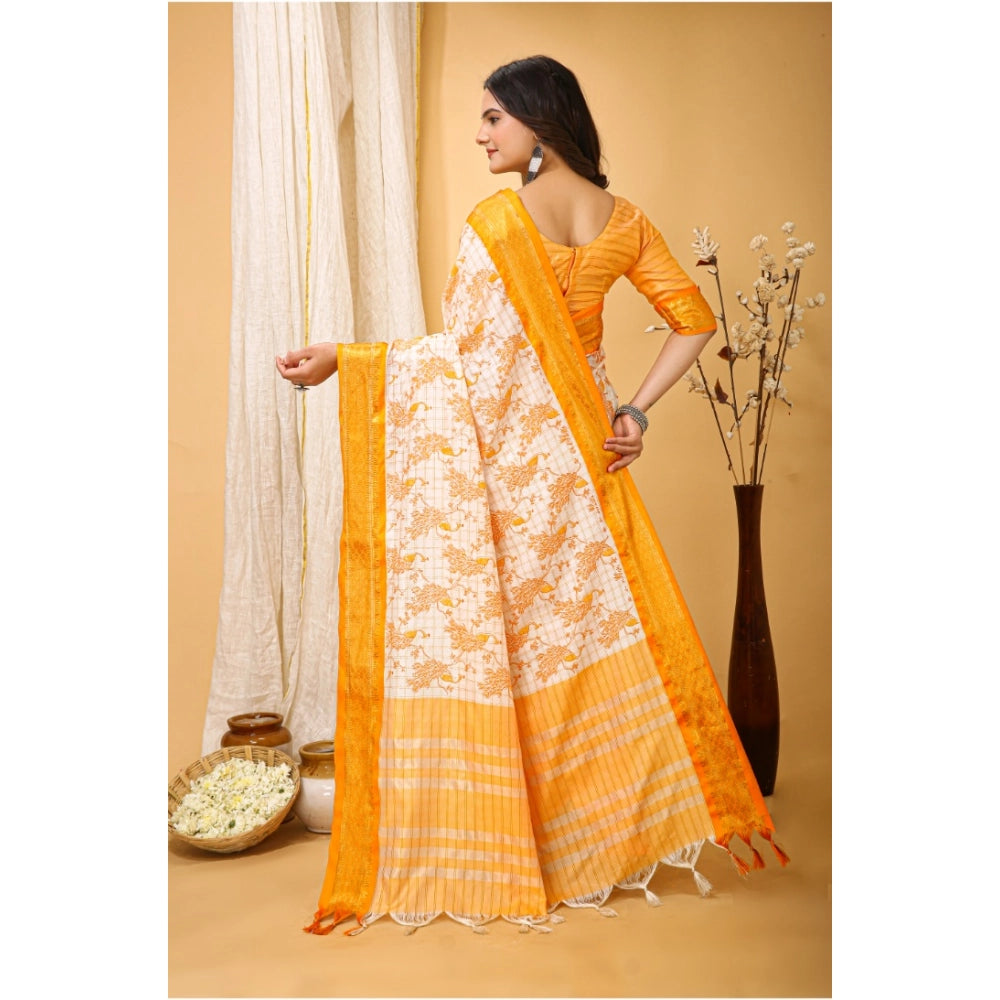 Amfyn Women's Soft Cotton Silk Printed Saree With Unstitched Blouse 5.5Mtr (Yellow)